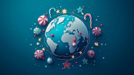 Naklejka premium A festive globe surrounded by holiday elements.