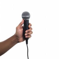 Hand Holding Microphone on White Background
