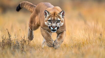 Fototapeta premium A mountain lion stalking cautiously through an open field, its movements calculated and precise, surrounded by soft sunlight.