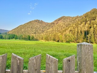 The photo captures a stunning rural landscape with majestic mountains and lush trees.