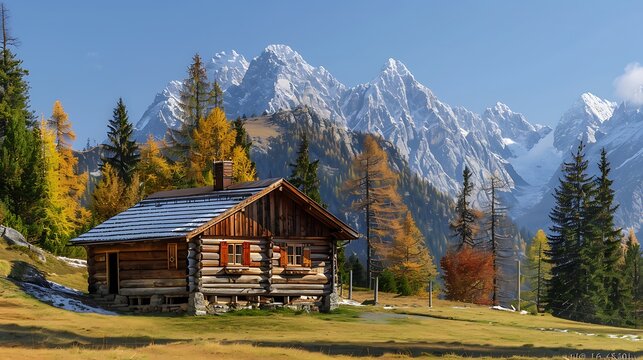 A picturesque scene of a wooden cabin in the mountains, surrounded by pine trees and snow-capped peaks