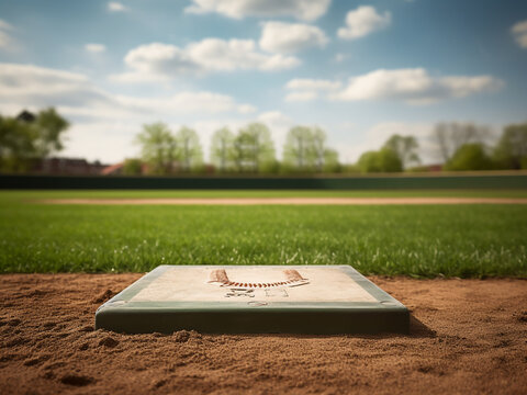 Empty third base and coach�s box on a baseball field with natural green grass