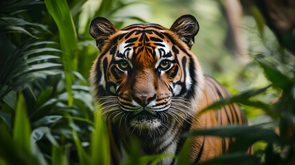A tiger staring intently through dense jungle foliage, its eyes reflecting intensity and its stance poised for action.
