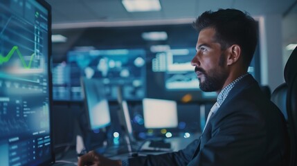 Business man representing corporate strategist analyzing competitive market landscapes team of business analysts developing innovative strategies gain competitive edge in a hightech office environment