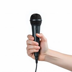 Hand Holding Microphone on White Background