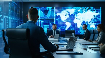 Business man representing corporate strategist analyzing market data trends with a team of business analysts developing innovative strategies to navigate competitive landscapes in a hightech boardroom