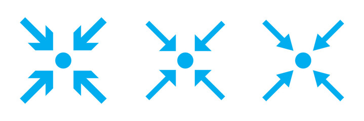 minimize icon rally compact size small scale arrow icons . shrink icon resize - four 4 arrows meeting point. Gathering Point icon signs for people to meet in a safe place during emergency. Vector 