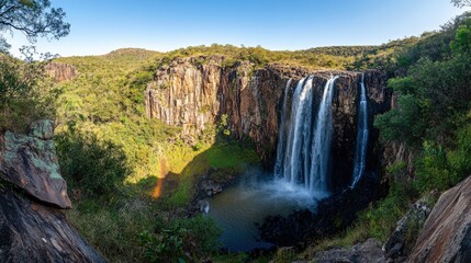 Fototapeta premium Dramatic Waterfall with Rainbow in Scenic Mountainous Backdrop at Golden Hour - Generative AI