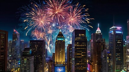 Vibrant Fireworks Over Modern Cityscape on New Year&rsquo;s Eve