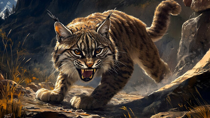 Obraz premium A lynx on the prowl in the snow, its sharp claws digging into the ground as it prepares to pounce on its prey.