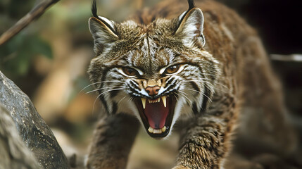 Obraz premium A close-up of an aggressive lynx, its fangs bared and eyes locked with intensity, showcasing raw power and wild focus.