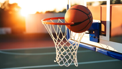 A basketball passing through the net of a hoop 