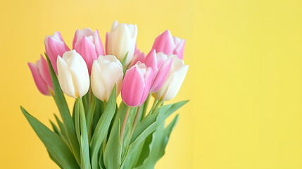 White and pink tulips on a yellow background 