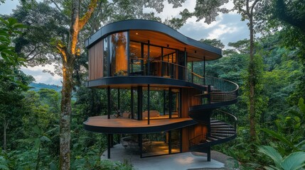 Obraz premium Contemporary modern tree house in a tall tree, with a sleek black exterior and soft glowing warm interior lighting background AI generated image