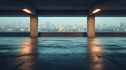Fototapeta premium Empty garage with wet concrete floor and view of cityscape blurred by evening lights. Atmospheric urban scene, modern architecture, car background