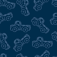 Seamless hand drawn kids pattern of vintage trucks on a dark blue background vector illustration