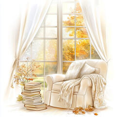 Fototapeta premium a watercolour illustration of a cozy reading nook by a large window, 