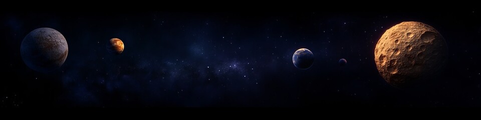 Naklejka premium A stunning display of five planets in a cosmic scene, highlighting their unique textures and colors against a starry backdrop.