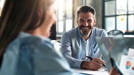 Smiling businessman analyzing sales data sales director a vibrant office environment The focus is on performance metrics and the strategies needed to drive revenue growth and achieve business targets