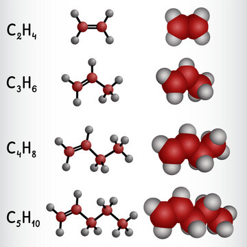 Homologous series of alkenes. Ethene, propene, butene, pentene molecular structures and models. Vector