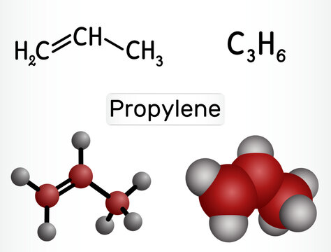 Propylene alkene molecule. Structural and 3D molecular model of propene (C3H6). Vector