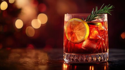Vibrant cocktail garnished with lemon and rosemary in festive setting