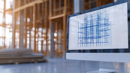 Obraz premium A computer monitor displaying architectural blueprints in a construction site with wooden frames in the background.