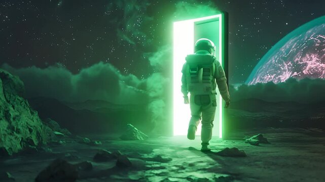 Astronaut walking through a portal on an alien planet