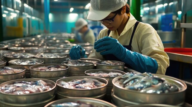 A Worker Packing Sardines in a Factory