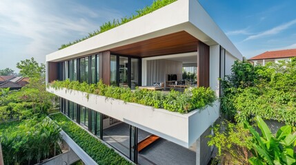 Fototapeta premium Minimalist house with a rooftop garden filled with fresh green plants, background wallpaper AI generated image