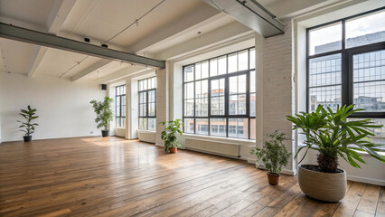 Obraz premium Spacious Loft with Wooden Floors and Plants 
