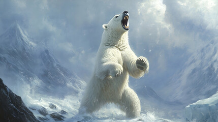 A polar bear roaring ferociously against a backdrop of icy terrain, emphasizing its strength and adaptability in the Arctic wilderness.

