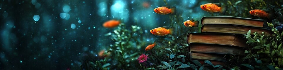 Naklejka premium A serene underwater scene with golden fish swimming around stacked books amidst lush greenery.
