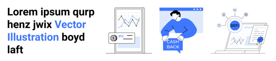 Graphs on smartphone and laptop screens, person holding cashback sign, SEO chart. Ideal for finance, business planning, digital marketing, ecommerce, data analysis, strategy, promotions. Landing page