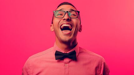 Fototapeta premium A joyful man in glasses and a bow tie expresses excitement against a vibrant pink background, showcasing enthusiasm and energy