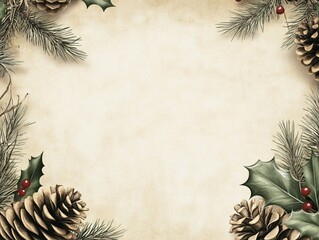 christmas or new year greeting card with pine cones and holly berries