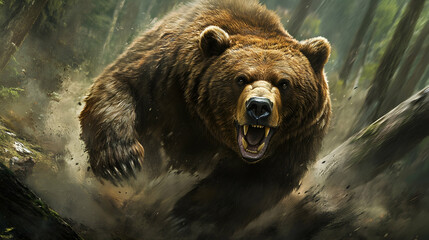 A roaring grizzly bear displaying its dominance and power, mid-charge, with a forest background in motion.
