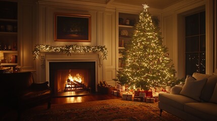Fototapeta premium An illuminated Christmas tree stands beside a cozy fireplace, creating a festive ambiance for the home. 