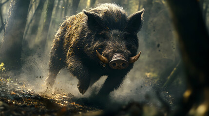 A charging wild boar in a dense forest, its sharp tusks and aggressive posture highlighting its determination.