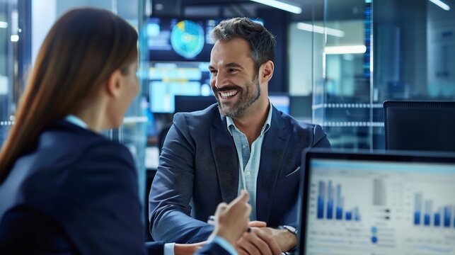 Smiling businessman collaborating business analyst market research findings hightech office environment image reflects importance of data analysis informed decisionmaking driving business strategies