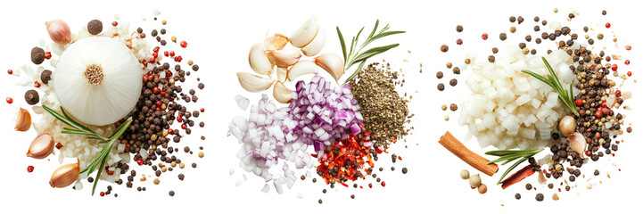 Set of chopped onions and spices isolated on a transparent background