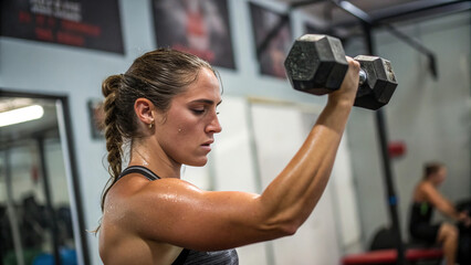 Fototapeta premium Focused Woman Lifting Dumbbell During Intense Workout, Strength Training in Gym, Fitness Motivation and Healthy Lifestyle, Athletic Woman Exercising