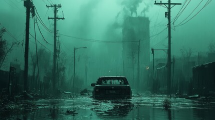 A submerged vehicle stands alone in murky water, surrounded by ghostly silhouettes of buildings and power lines in decay