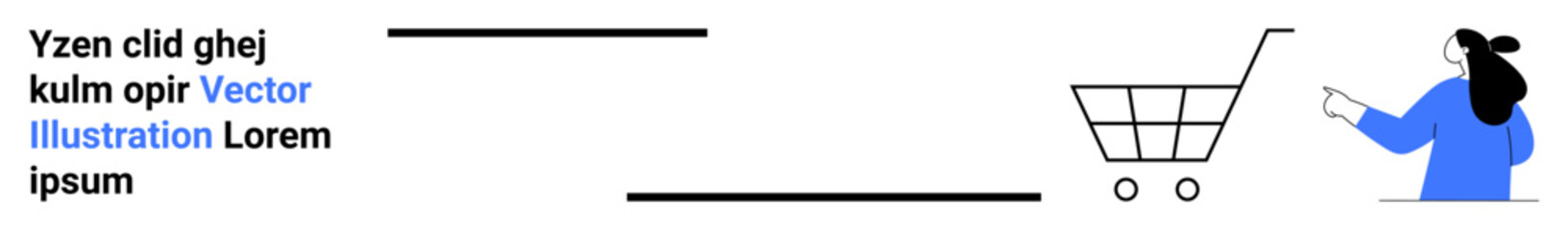 Woman interacts with smartphone, of minimalistic shopping cart, placeholder text with blue highlight. Ideal for e-commerce, shopping apps, online stores, marketing, retail services, digital