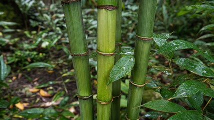 Obraz premium Close up of green bamboo wild nature stems smooth surface background wallpaper AI generated image