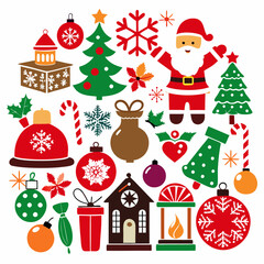 Christmas Holiday Icons Set - Festive Elements with Trees, Gifts, Ornaments, and Decorations, Festive Christmas Icon Collection - Trees, Gifts, Ornaments, and Holiday Symbols,  Christmas Decorations