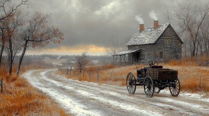 Obraz premium A vintage horse-drawn carriage sits quietly on a snow-covered road, with a rustic wooden cabin nestled amid a winter landscape