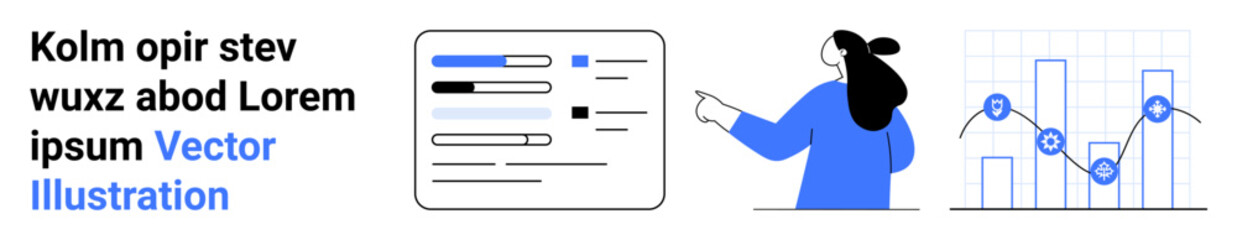 Woman pointing at data on the screen, progress bars, and line graphs. Ideal for analytics, business intelligence, presentations, reports, educational materials, web content, user guides. Banner
