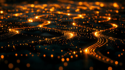 Obraz premium A glowing digital surface with bright orange light trails forming intricate patterns, representing energy flow and advanced networks.