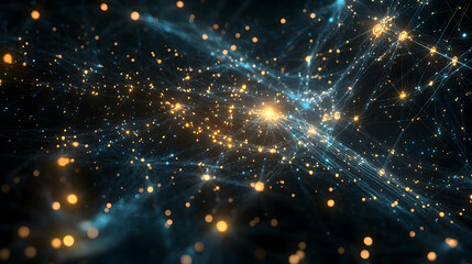 Fototapeta premium A starry digital space with glowing blue and yellow lights connected by cosmic filaments, representing celestial data and futuristic concepts.
